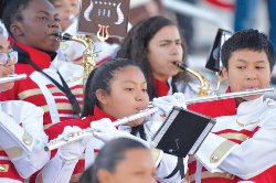 A closeup of select members of the 2019 Crimson Tide Marching Band